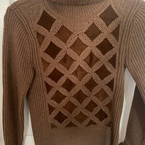 Vintage Banana Republic Brown Cowl Neck Sweater 100% Merino Wool and Suede